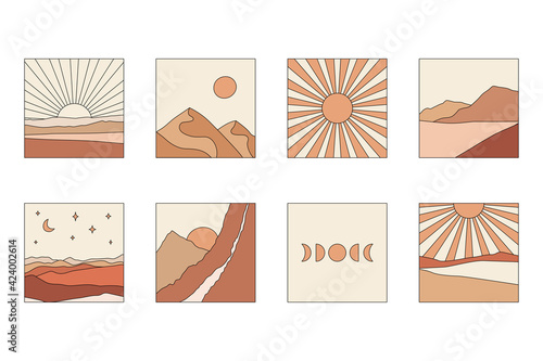 Abstract boho landscapes. Mountains, sun, moon, sunset, desert, hills minimalist design. Trendy mid century art, boho home decor, wall art.