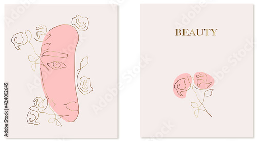 vector minimalist style portrait. line flower, women portrait. beauty card