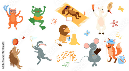 Fototapeta Naklejka Na Ścianę i Meble -  Playing summer animals cartoon set with sand castle, swimming ring and ball.  Mascot characters on vacation vector illustration isolated on white.