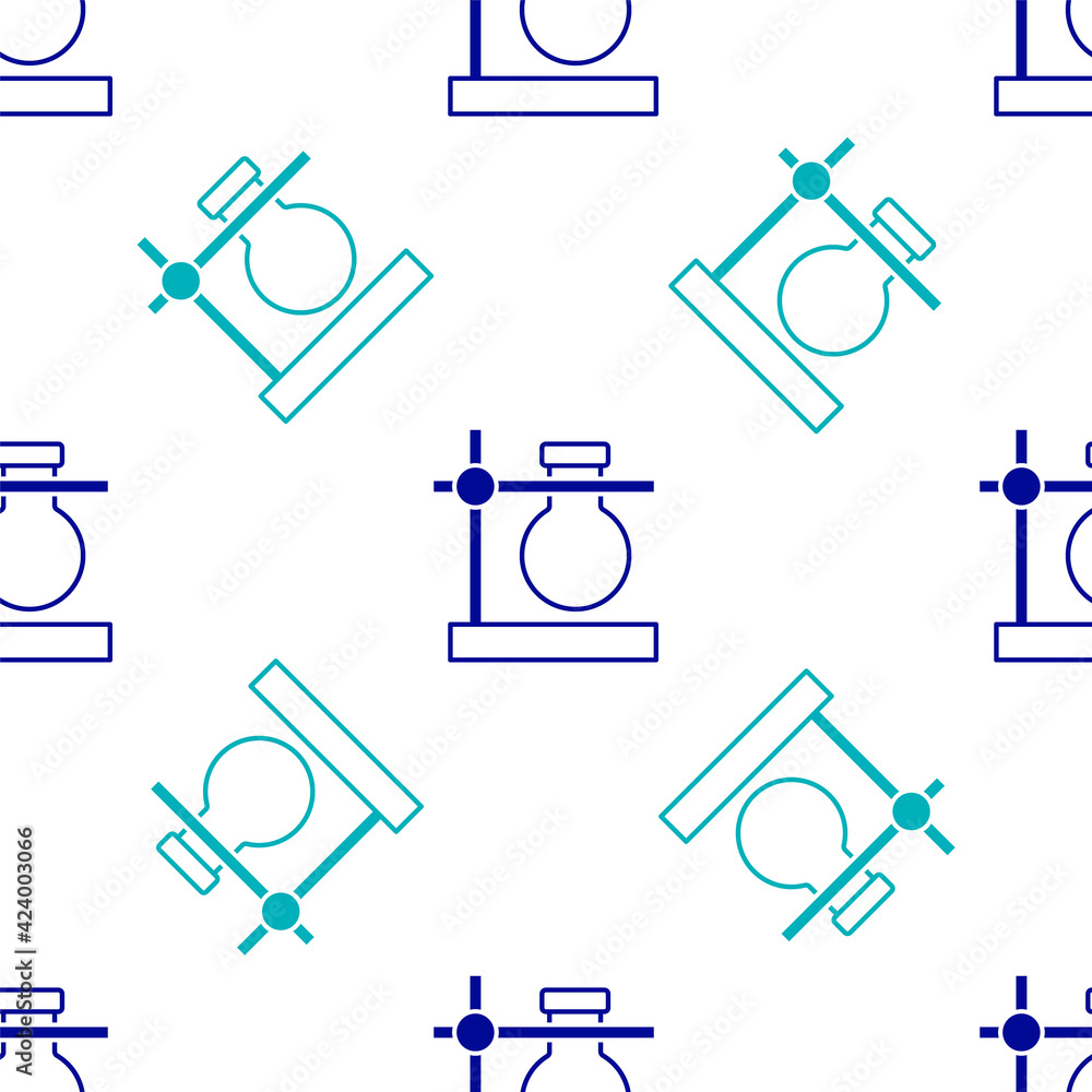 Fototapeta premium Blue Glass test tube flask on stand icon isolated seamless pattern on white background. Laboratory equipment. Vector