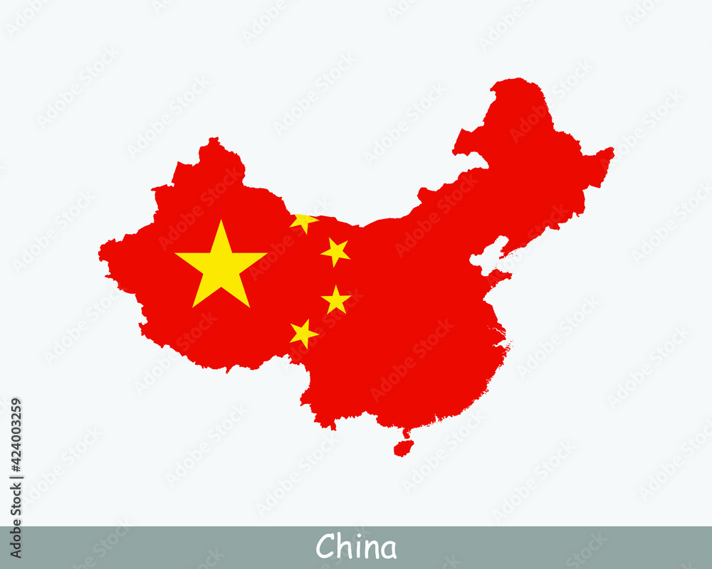 China Map Flag. Map of China with the Chinese national flag isolated on white background. Vector Illustration.