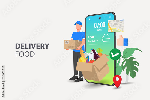 Food Delivery Man on mobile. E-commerce concept. Online food order infographic. Webpage, app design. Perspective vector