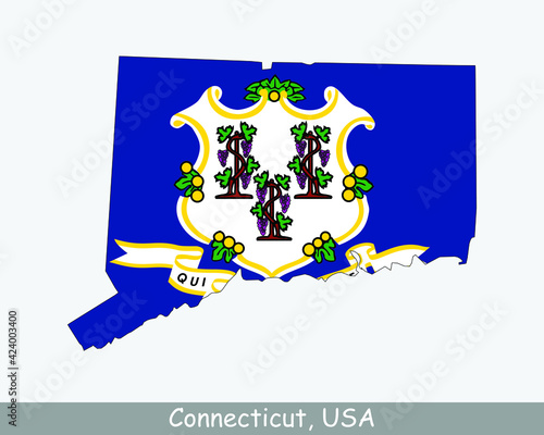 Connecticut Map Flag. Map of CT, USA with the state flag isolated on white background. United States, America, American, United States of America, US State. Vector illustration.