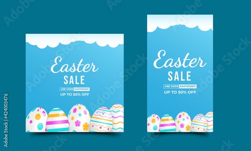 Easter sale promotion banner. Modern banner with colorful egg illustration. Suitable for social media feed, story, banner, card, and website. Vector design isolated.