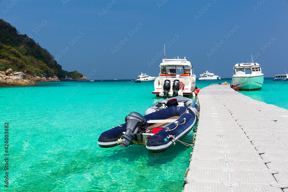 Fototapeta premium Beautiful beach Raya Island, Phuket , South of Thailand . Summer holiday and vacation concept background. Inspirational tropical landscape design. Tourism and travel design