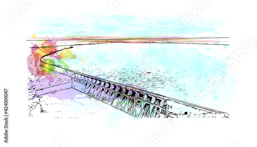 Building view with landmark of Dhule is the 
city in India. Watercolour splash with hand drawn sketch illustration in vector.