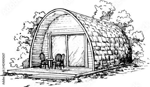 pod house monochromatic sketch. self-contained micro cottage design perspective illustration  eco cabin house exterior