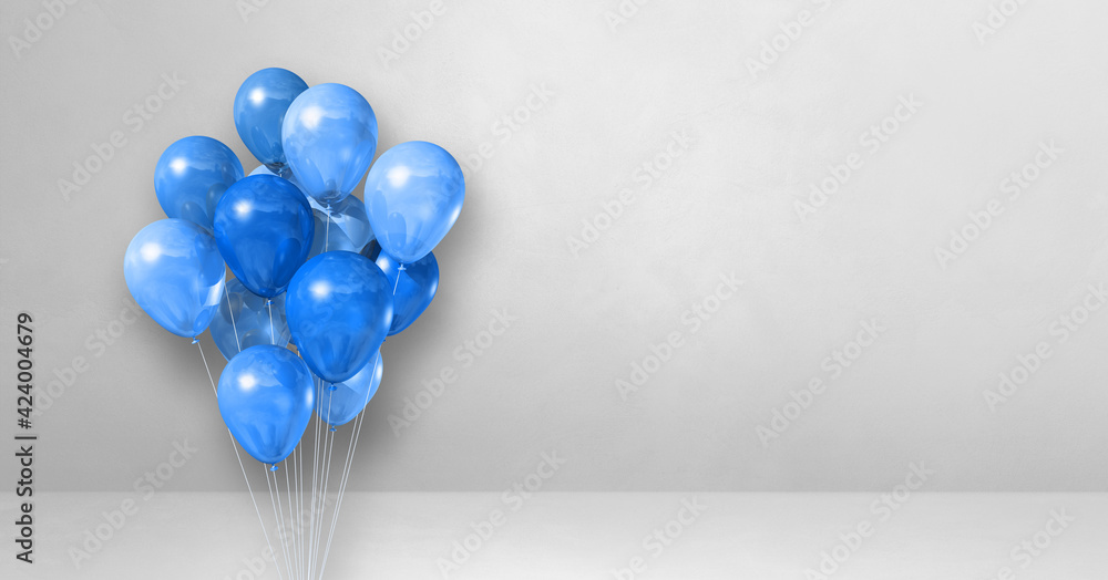 Fototapeta premium Blue balloons bunch on a white wall background. Horizontal banner.