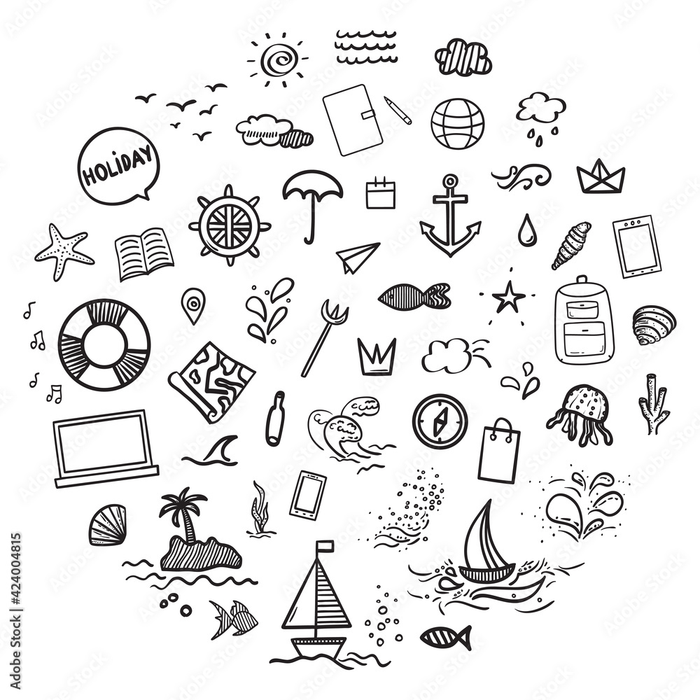 Naklejka premium Hand drawn holiday elements on isolated background. Summer holidays. Signs and symbols. Freehand art. Black and white illustration