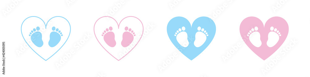 Baby foot barefoot heart icon. Set. Baby foot barefoot heart icon. Set.