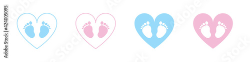 Baby foot barefoot heart icon. Set.