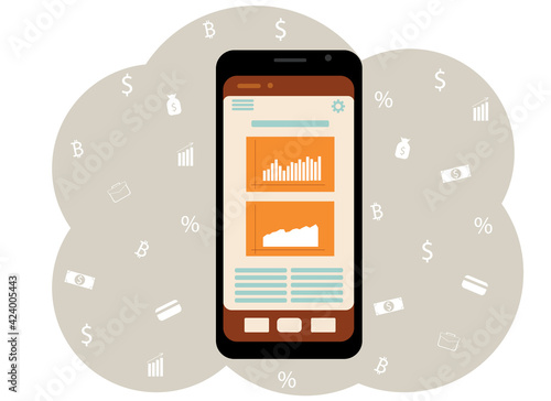 Hand with the phone. On-screen charts and indicators. Business analytics