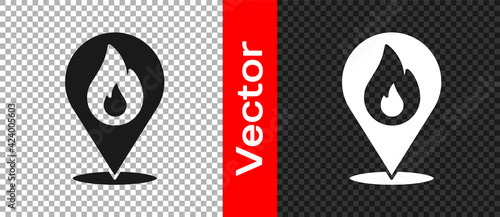Black Map pointer with fire flame icon isolated on transparent background. Fire nearby. Vector