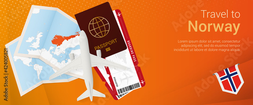 Travel to Norway pop-under banner. Trip banner with passport, tickets, airplane, boarding pass, map and flag of Norway.