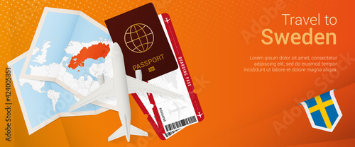 Travel to Sweden pop-under banner. Trip banner with passport, tickets, airplane, boarding pass, map and flag of Sweden.