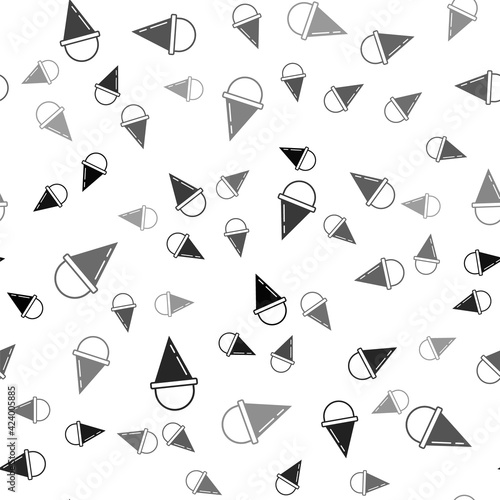 Black Fire cone bucket icon isolated seamless pattern on white background. Metal cone bucket empty or with water for fire fighting. Vector