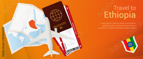 Travel to Ethiopia pop-under banner. Trip banner with passport, tickets, airplane, boarding pass, map and flag of Ethiopia.