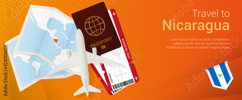 Travel to Nicaragua pop-under banner. Trip banner with passport, tickets, airplane, boarding pass, map and flag of Nicaragua.