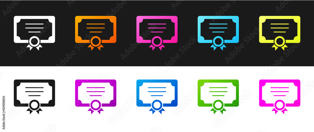 Set Certificate template icon isolated on black and white background. Achievement, award, degree, grant, diploma concepts. Vector