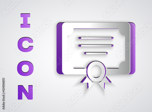 Paper cut Certificate template icon isolated on grey background. Achievement, award, degree, grant, diploma concepts. Paper art style. Vector