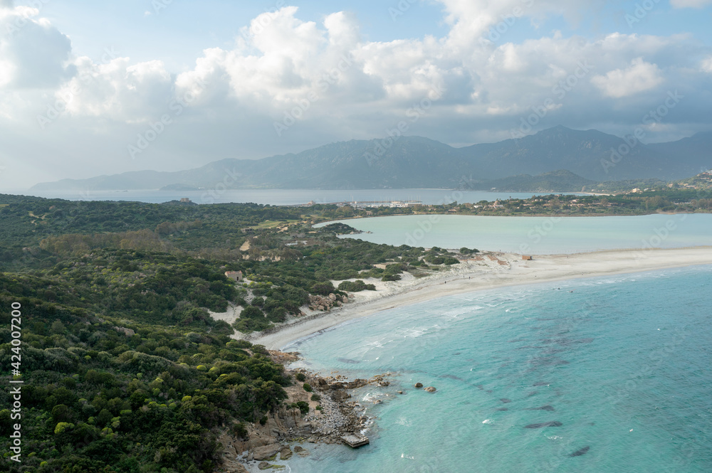 Aerial view of beautiful seascape in Sardinia, Villasimius Italy. Porto Giunco beach in winter season.