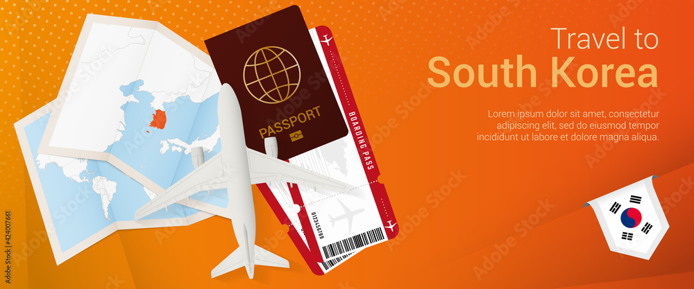Obraz premium Travel to South Korea pop-under banner. Trip banner with passport, tickets, airplane, boarding pass, map and flag of South Korea.