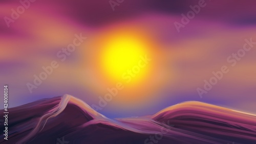 Landscape painting, Sunset sky over the mountains.