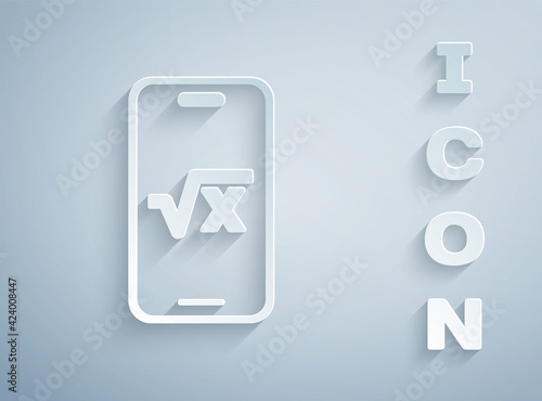 Paper cut Square root of x glyph icon isolated on grey background. Mathematical expression. Paper art style. Vector