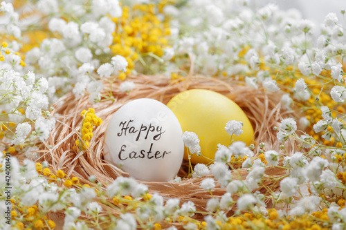 yellow Easter eggs among white and yellow flowers. plaster and mimosa.