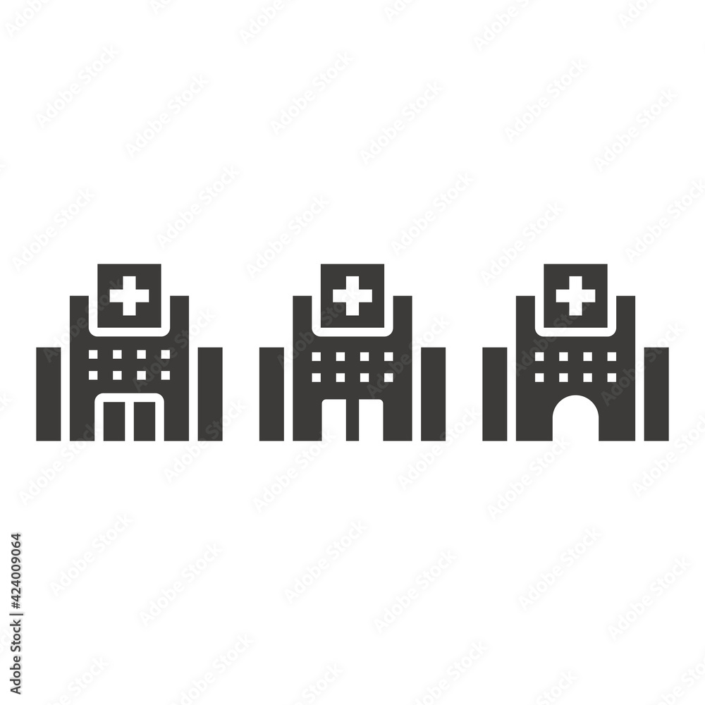 Hospital with medical cross. Clinic building black vector icon.