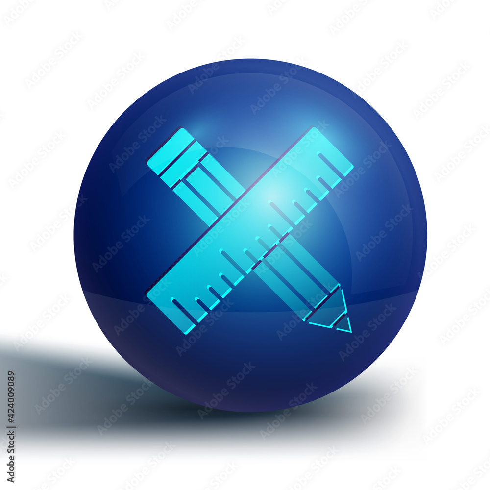 Blue Crossed ruler and pencil icon isolated on white background. Straightedge symbol. Drawing and educational tools. Blue circle button. Vector Blue Crossed ruler and pencil icon isolated on white background. Straightedge symbol. Drawing and educational tools. Blue circle button. Vector