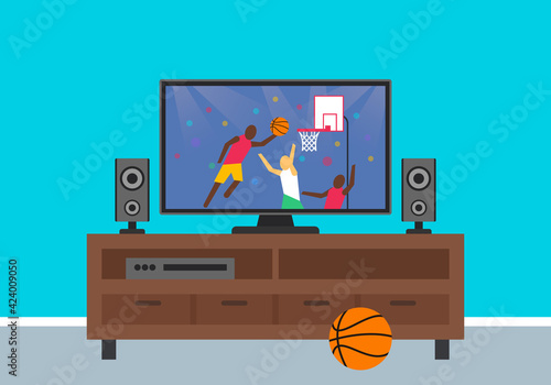 tv  on stand .basketball match translation on screen vector flat illustration