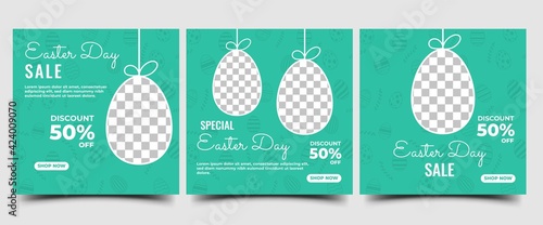 Set of Easter banner template. Easter day sale social media banner design. Green background with egg pattern. Suitable for social media, cards, banners, and website. Vector design with a photo collage