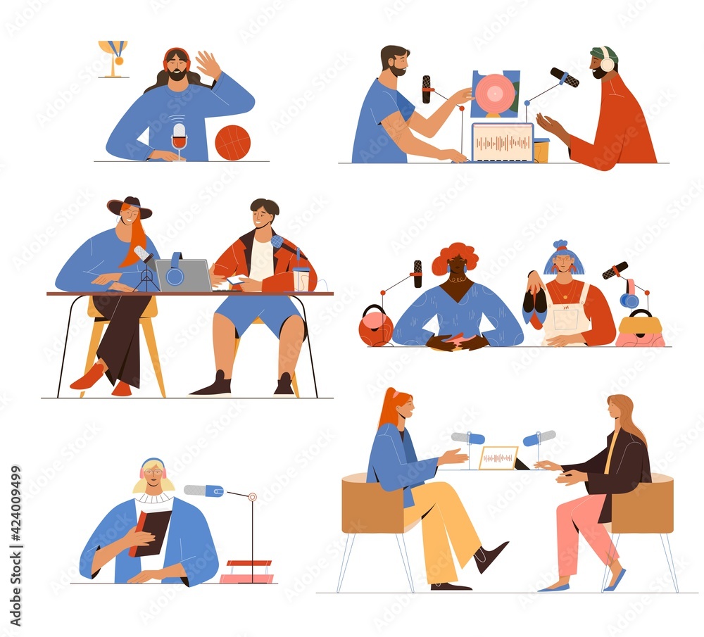 Set with people doing podcast or radio show, recording, interviewing. Vector illustration