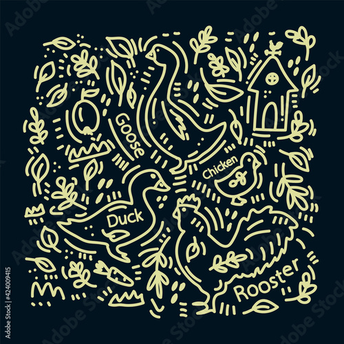 Doodle background with farm animals. Cute livestock pattern with bird lettering. The words and animals Duck, Chicken and Goose are drawn by hand. Vector illustration