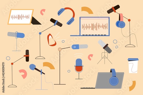 Set with different microphones for podcast or radio show, laptop, headphones. Vector illustration
