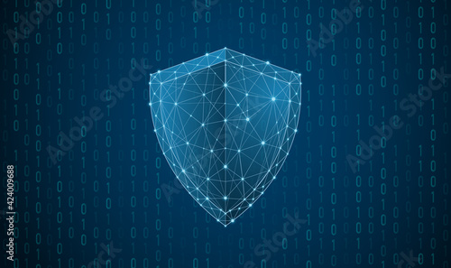 3d Futuristic glowing Low polygon or low poly design guard shield symbol isolated on dark blue background. Cyber security. data protection concept. Modern wireframe design vector illustration.