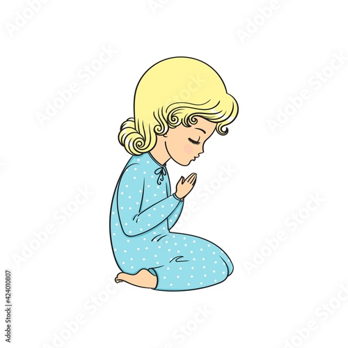 Little cute girl kneels praying.Vector Stock Illustration isolated on white background.