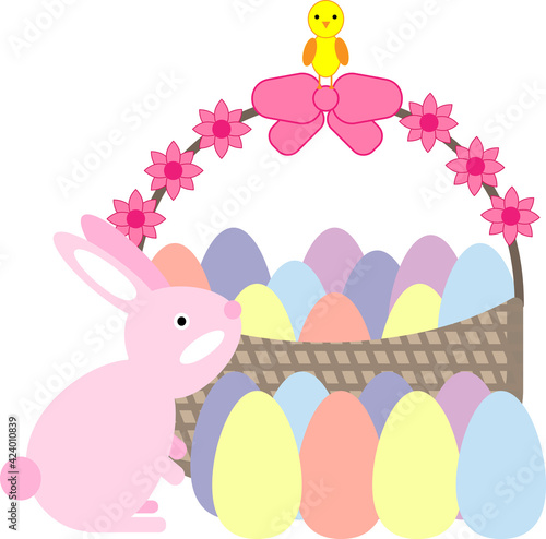 Bunny, chick and busket with eggs easter illustration