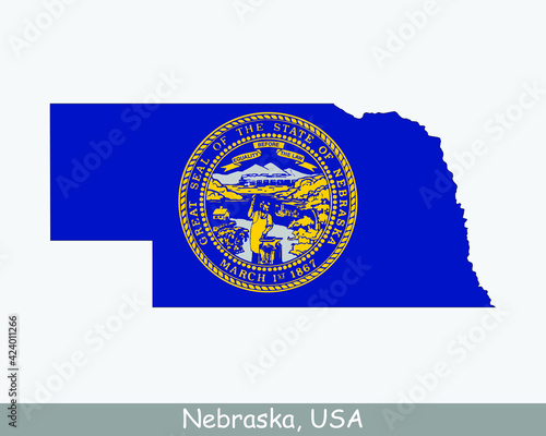 Nebraska Map Flag. Map of NE, USA with the state flag isolated on white background. United States, America, American, United States of America, US State. Vector illustration.