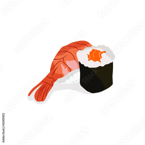 Asian food, isolated on the white background. Nigiri Sushi with shrimp. Vector illustration