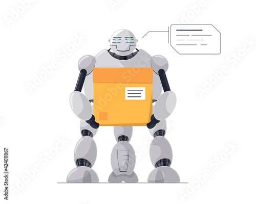 Robotic courier or loader holding cardboard parcel box future technology. Robot delivery service or warehouse work concept. Automated AI smart droid logistic vector flat isolated illustration