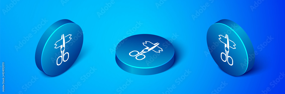 Isometric Scissors icon isolated on blue background. Tailor symbol. Cutting tool sign. Blue circle button. Vector Isometric Scissors icon isolated on blue background. Tailor symbol. Cutting tool sign. Blue circle button. Vector