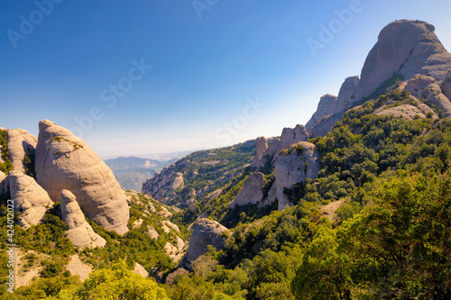 View of the Gorra Frigia peak and the ridges of the Lluerners mountain range. Montserrat Massif Natural Park, Catalonia, Spain.