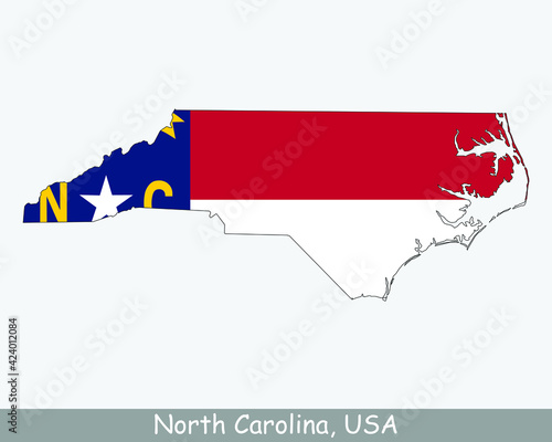 North Carolina Map Flag. Map of NC, USA with the state flag isolated on white background. United States, America, American, United States of America, US State. Vector illustration.