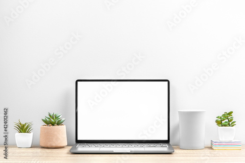 Workplace at office, home with laptop, cup and plants on the table, copy space.