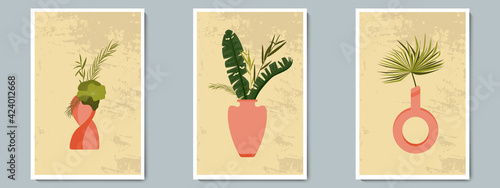 Hand Draw Pottery Vase Set with Tropical Plants. Trendy Collage for Decoration in Greek Style.
