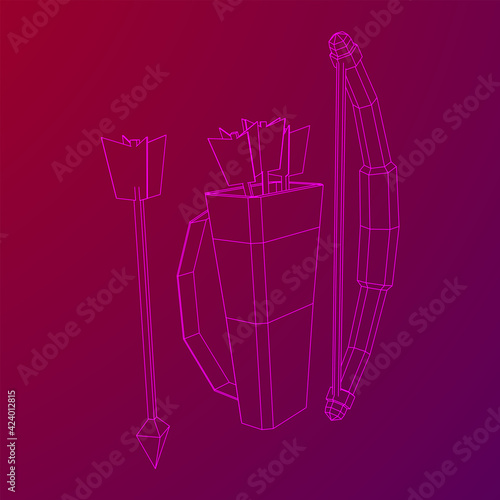 Medieval Bow and arrow archer weapon. Wireframe low poly mesh