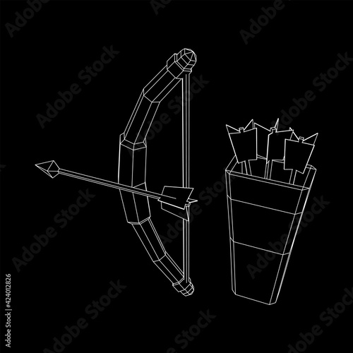 Medieval Bow and arrow archer weapon. Wireframe low poly mesh