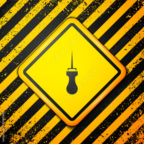 Black Awl tool with wooden handle icon isolated on yellow background. Work equipment tailor industry. Warning sign. Vector